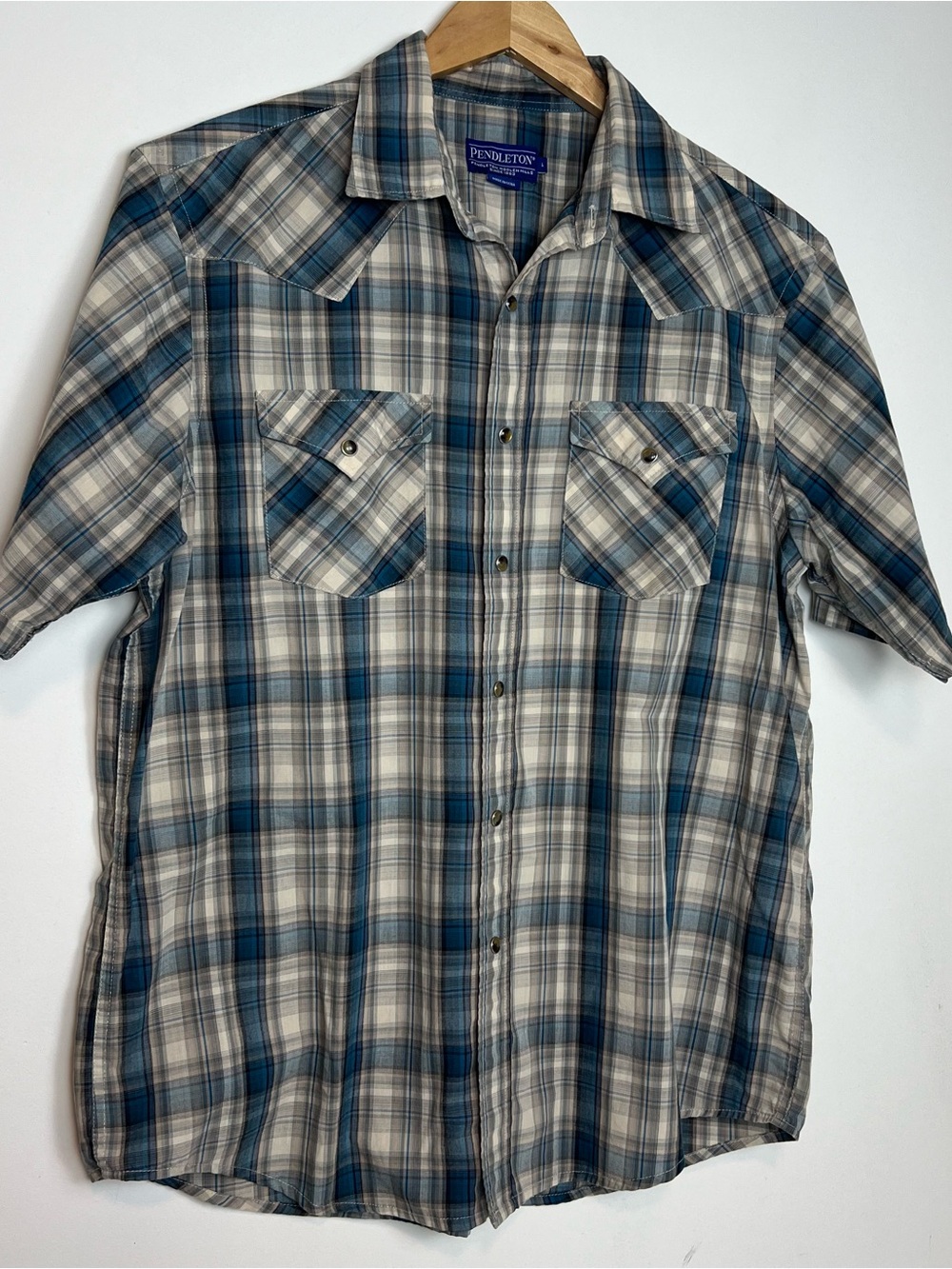 Pendleton High Grade Western Wear Blue Plaid Snap Shirt Size-Large